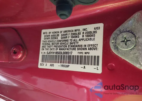 2003 Honda Element Ex from USA, damaged, VIN 5J6YH18503L008517